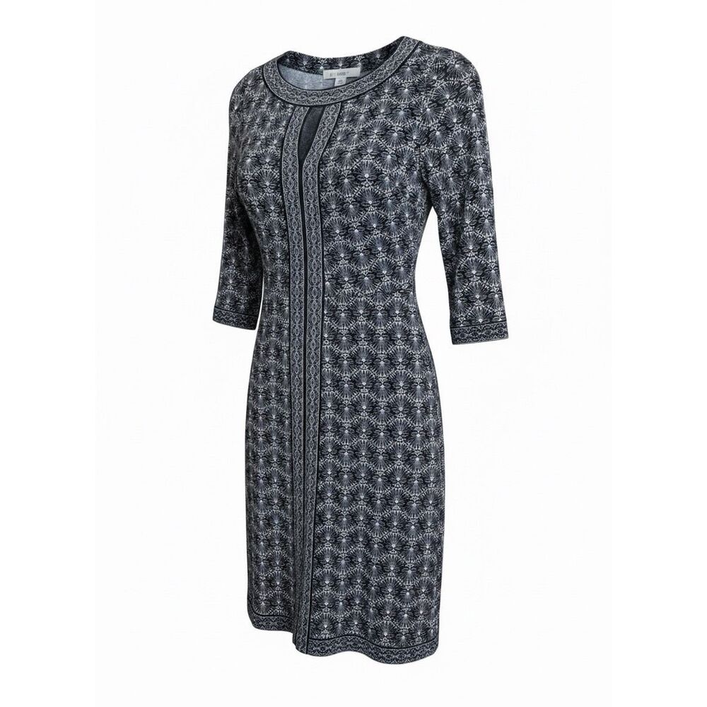 Wisp Stitch Fix Geometric Print Shift Dress Black White Keyhole 3/4 Sleeve Sz 4